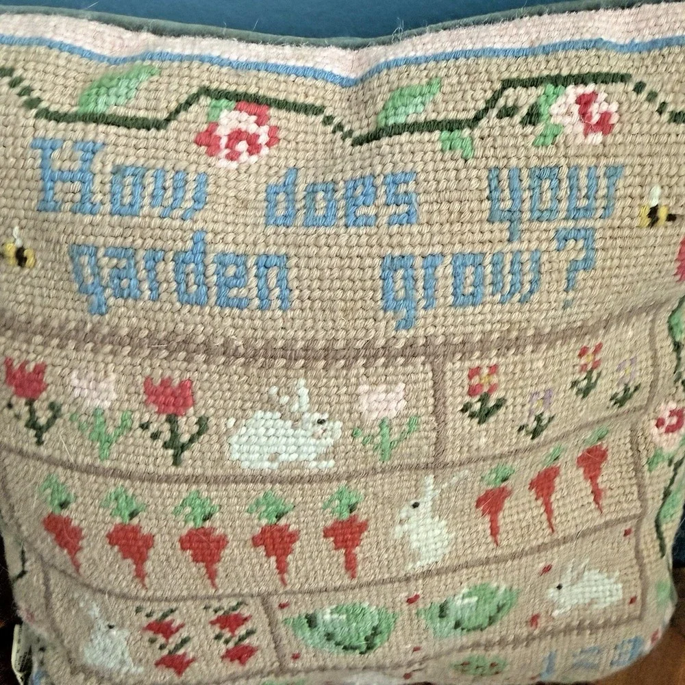 Vintage Midwest Needlepoint Pillow How Does Your Garden Grow Bunny Garden 11x11